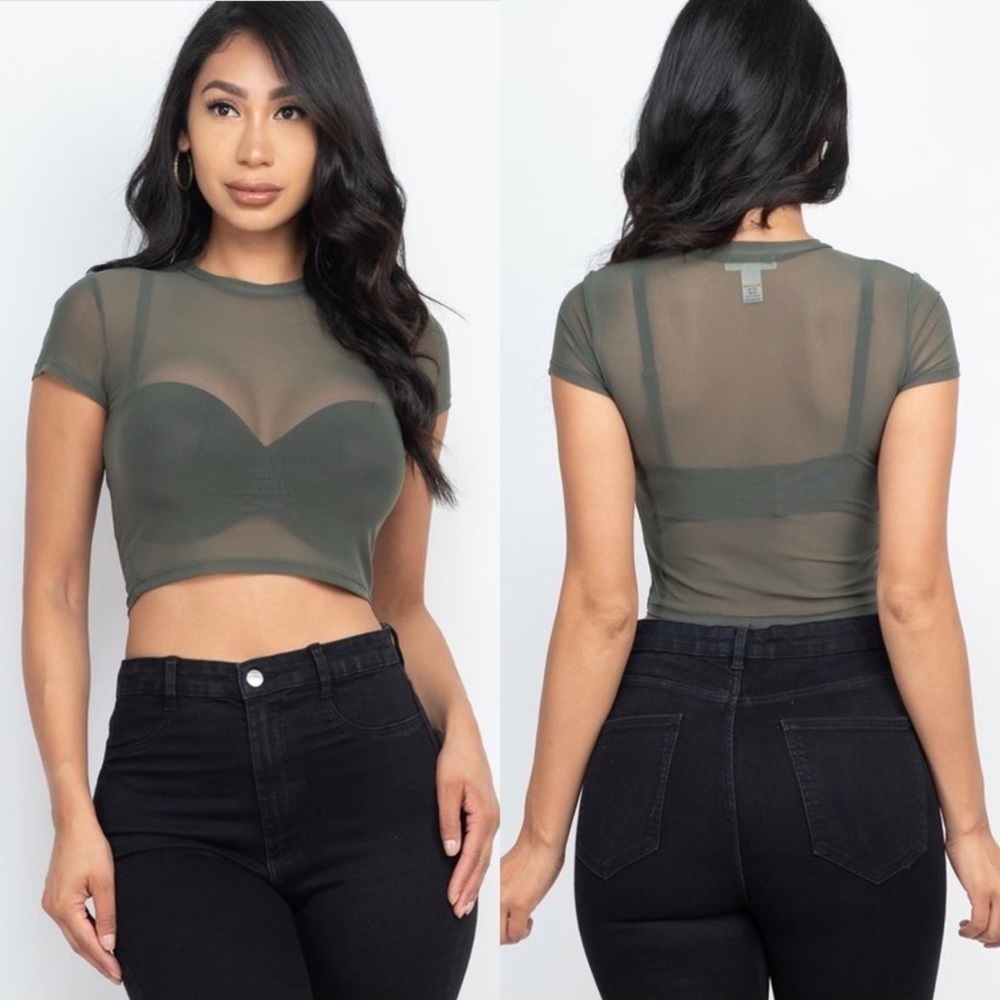 OLIVE SHORT SLEEVE CROPPED TOP SHEER MESH SHIRT